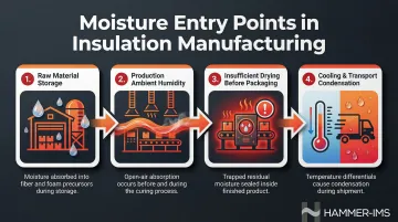 Four manufacturing-stage moisture entry points in insulation production process infographic