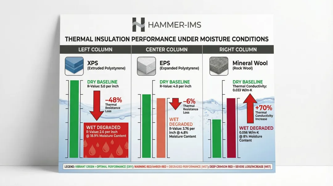 R-value degradation comparison chart for XPS EPS and mineral wool insulation types