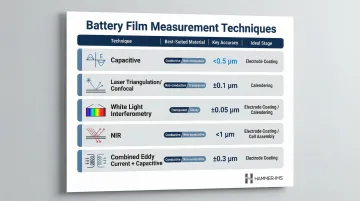 Five battery film measurement techniques comparison showing sensor type accuracy and application