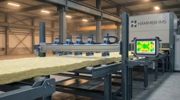 Inline insulation panel production line with M-Ray sensor heads scanning moving material