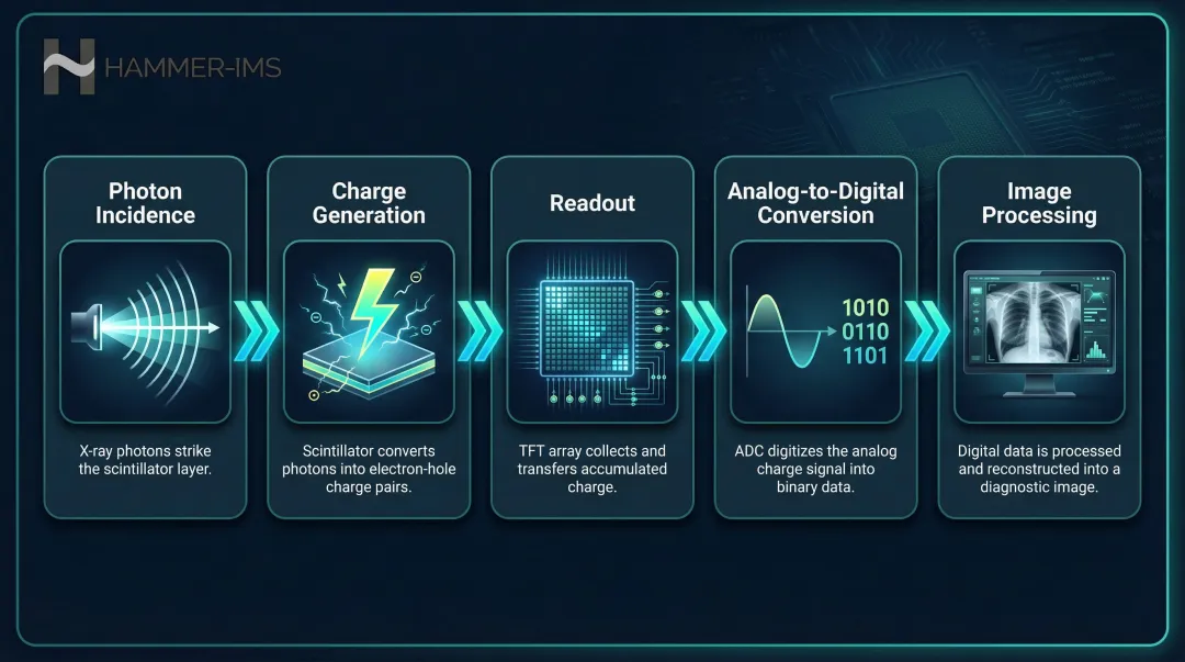 5-step digital X-ray sensor signal chain process flow diagram