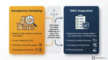 Acceptance sampling versus 100 percent inspection quality control method comparison chart