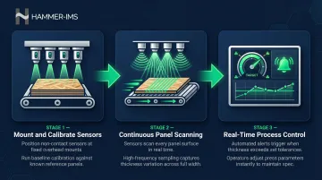 Three-step non-contact inline OSB thickness measurement process flow diagram