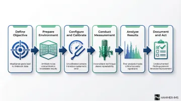 Six-stage automotive acoustic measurement workflow from objective definition to documentation