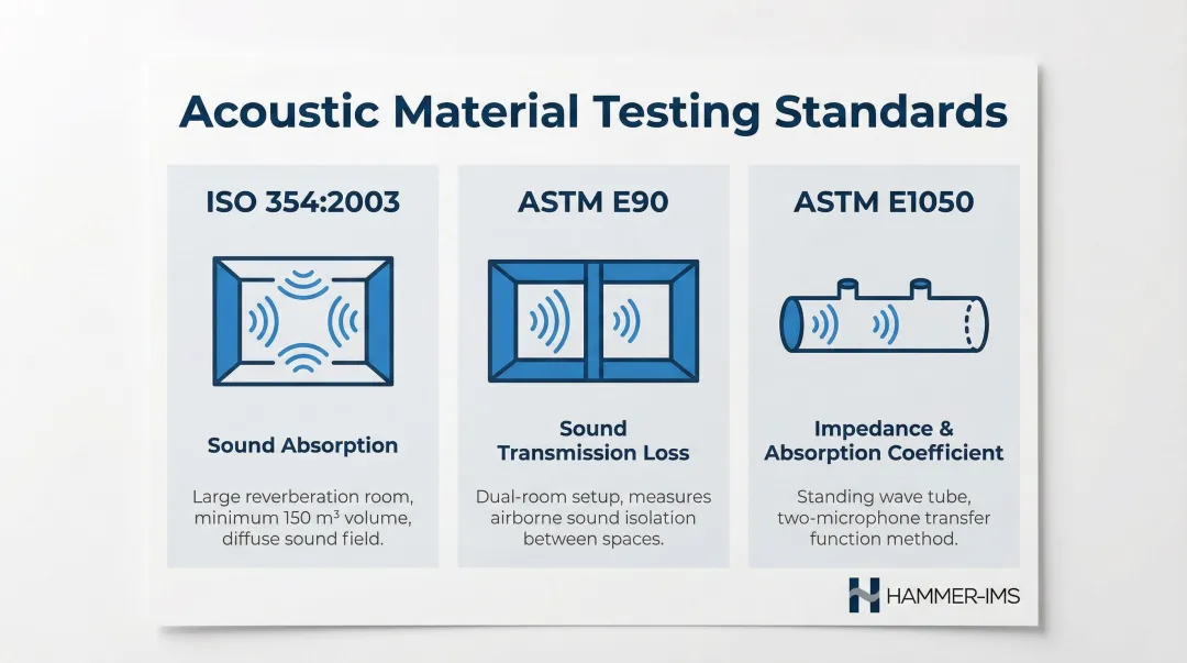 Three acoustic material testing standards comparison table ISO 354 ASTM E90 ASTM E1050