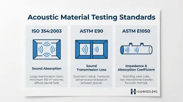 Three acoustic material testing standards comparison table ISO 354 ASTM E90 ASTM E1050
