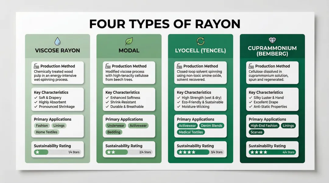Four rayon types comparison chart showing production method properties and applications