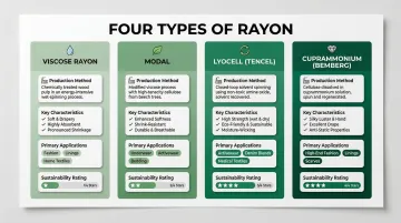 Four rayon types comparison chart showing production method properties and applications