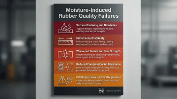 Five moisture-related rubber defects from blistering to compression failure infographic