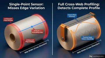 Cross-web thickness profiling versus single-point sensor coverage pattern comparison