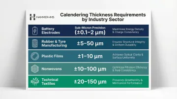 Five industry sectors calendering thickness tolerance requirements comparison infographic