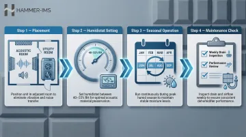 Four-step standalone dehumidifier setup guide for acoustic studio humidity control