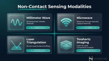 Four non-contact industrial measurement modalities comparison infographic by material type