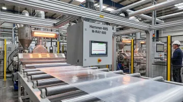 Hammer-IMS millimeter wave M-Ray sensor measuring polymer film inline on production line