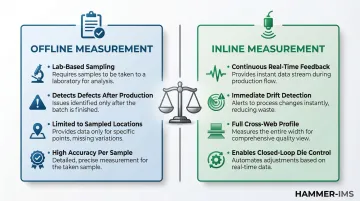 Inline versus offline polymer film thickness measurement comparison key differences infographic