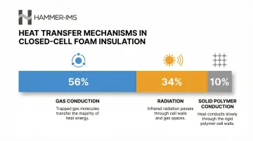 Three heat transfer mechanisms in closed-cell foam insulation boards with percentage breakdown