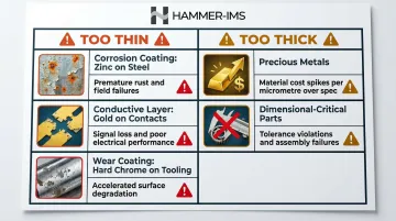 Plating thickness too thin versus too thick consequences comparison infographic