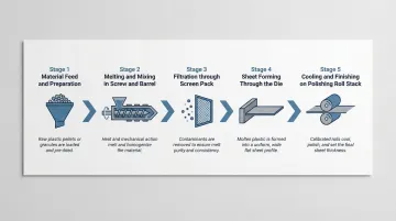 5-step plastic sheet extrusion process flow from material feed to winding