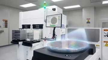 AI-enhanced automated optical inspection system scanning semiconductor wafer on production floor