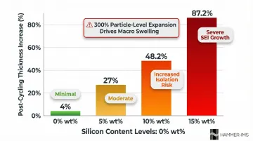 Silicon content versus post-cycling electrode thickness increase and degradation impact chart