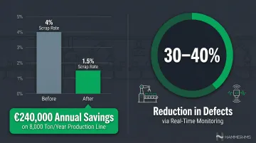 Manufacturing defect detection cost savings statistics showing scrap reduction and defect rate improvement