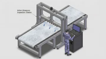 Air-coupled ultrasonic inspection system scanning moving nonwoven web material on production line