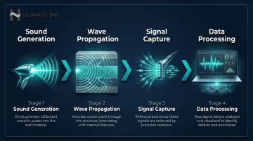 4-step acoustic surface inspection workflow from sound generation to data processing