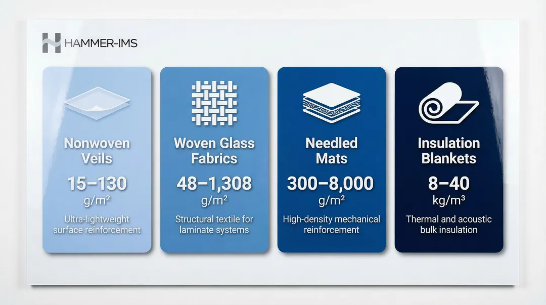 Glass fiber product types and basis weight ranges comparison table infographic