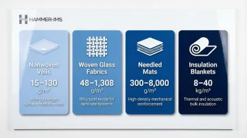 Glass fiber product types and basis weight ranges comparison table infographic