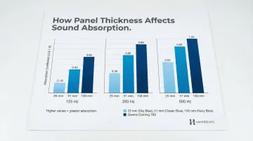 Acoustic absorption coefficient comparison table by panel thickness and frequency infographic