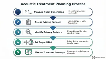 Five-step acoustic treatment planning process from room measurement to coverage allocation