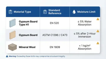 Moisture compliance standards table for gypsum mineral wool and construction materials