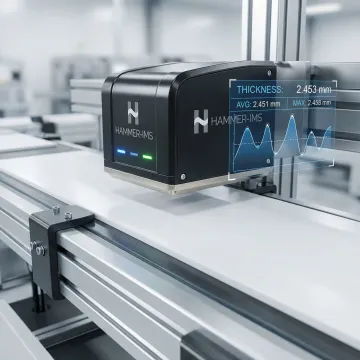 M-Ray sensor head measuring rigid plastic sheet thickness in real-time