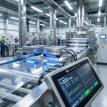 Advanced rigid sheet thickness measurement system with M-Ray sensors in industrial production facility