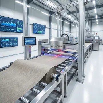 Industrial fiber mat production line with contactless measurement system monitoring weight distribution