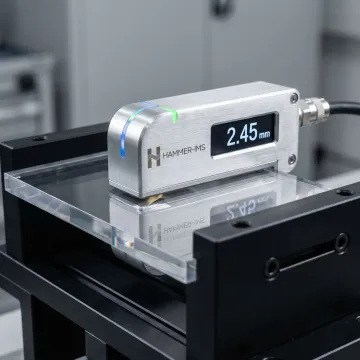 Close-up of M-Ray sensor head measuring extruded plastic sheet thickness