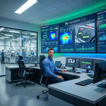 Industrial AI system displaying real-time defect detection analysis on manufacturing dashboard
