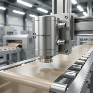 Hammer-IMS M-Ray sensor head mounted on an industrial production line performing contactless measurement