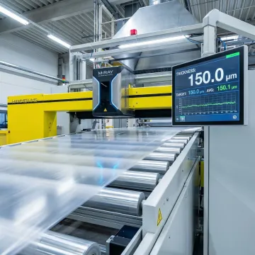 Close-up of M-Ray sensor head measuring plastic sheet thickness on production line