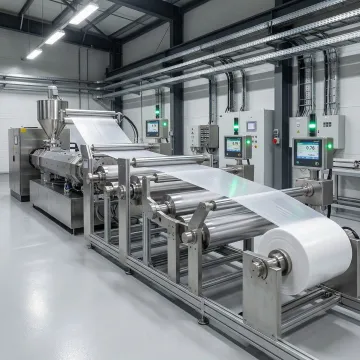 Advanced plastic sheet extrusion line with contactless thickness measurement system