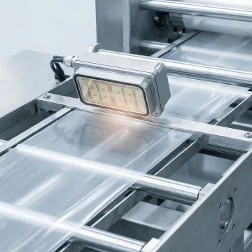 Close-up of M-Ray sensor measuring extruded plastic sheet thickness