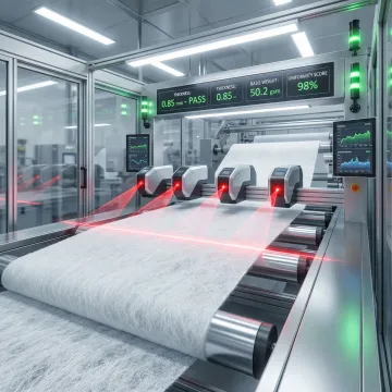 Advanced contactless measurement system monitoring high-loft nonwoven material on industrial production line