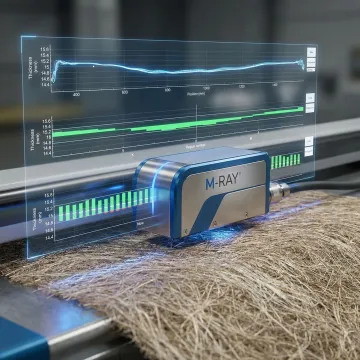 Fiber mat measurement system displaying real-time weight distribution data and thickness profiles