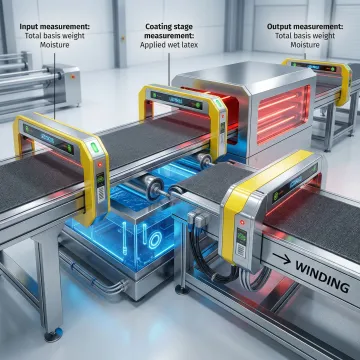 Advanced carpet latex backing measurement system in industrial textile production facility
