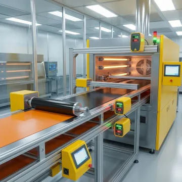 Close-up view of battery electrode coating with measurement sensors