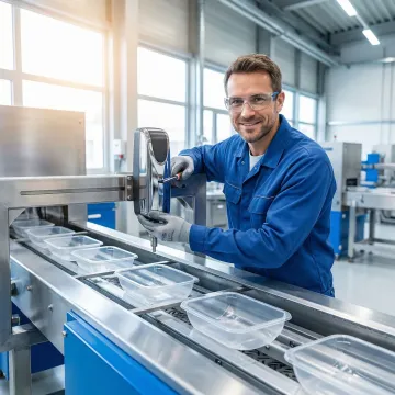 Technician installing compact measurement sensor on production equipment