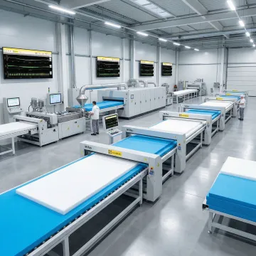 Foam production line with digital quality monitoring displays showing real-time defect detection