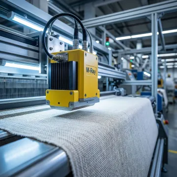 Contactless M-Ray sensor measuring textile thickness in production facility