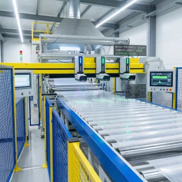 M-Ray millimeter wave sensor head inspecting production line materials