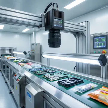 High-speed line scan camera system inspecting manufacturing production line for surface defects